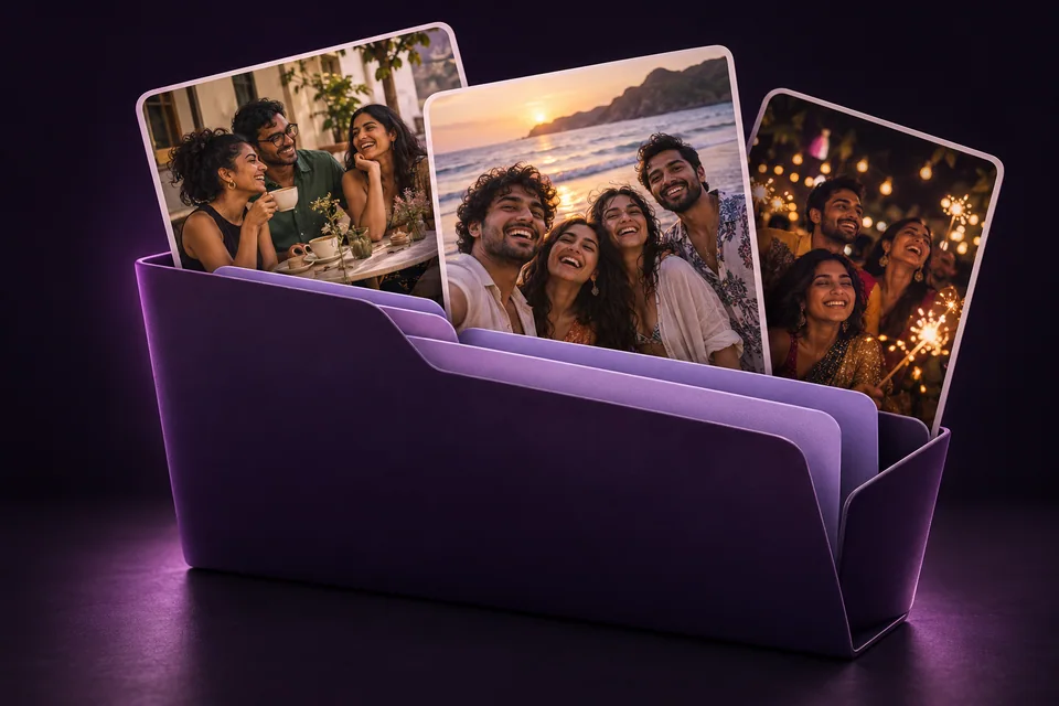 Concept illustration of a violet photo archive holding fictional friends’ everyday moments.