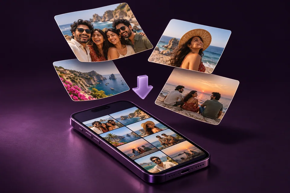 Concept illustration of fictional friends’ photo prints arriving in a phone’s photo grid.