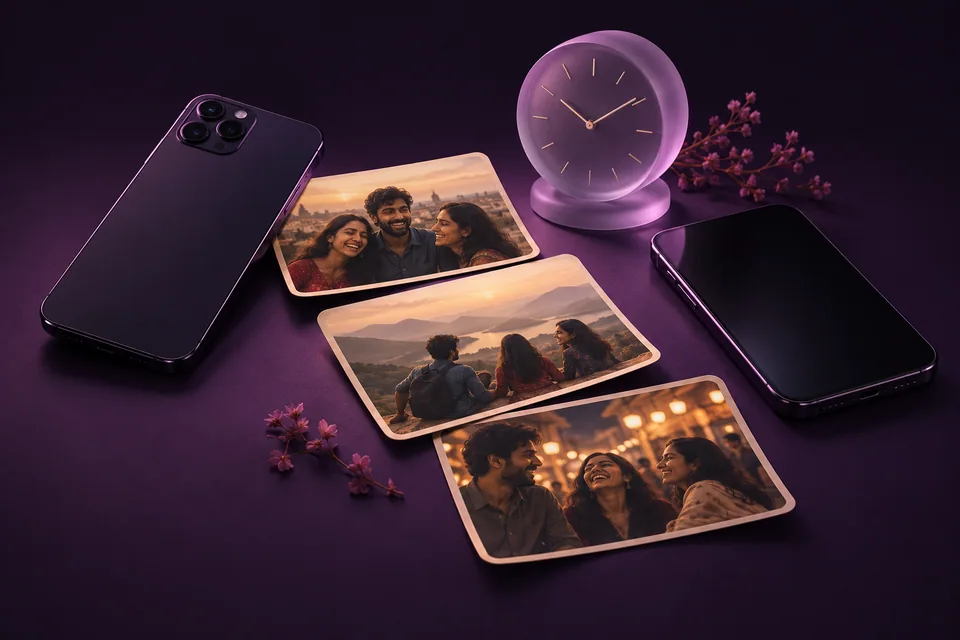 Concept illustration of photos between two resting phones and a clock representing phone-controlled background opportunities.