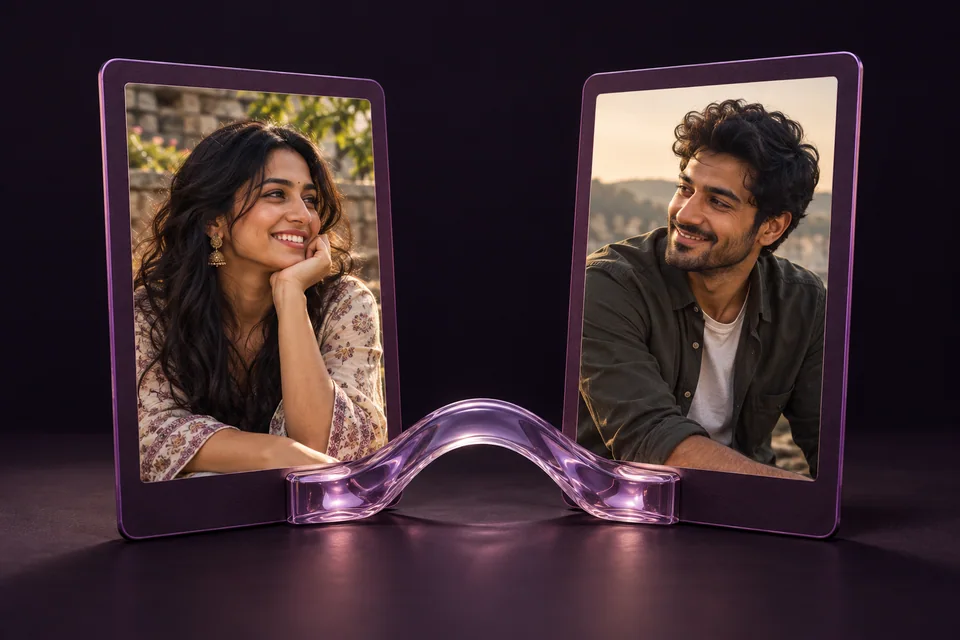 Concept illustration of two fictional friends’ portraits joined by a translucent lavender bridge.