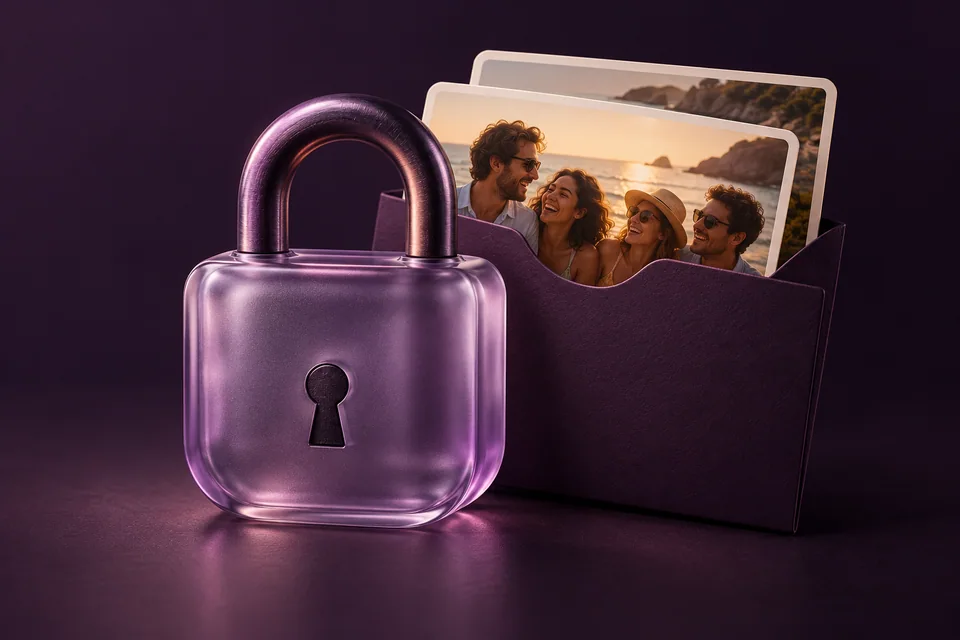 Concept illustration of a lavender glass padlock protecting a sleeve of photo prints.