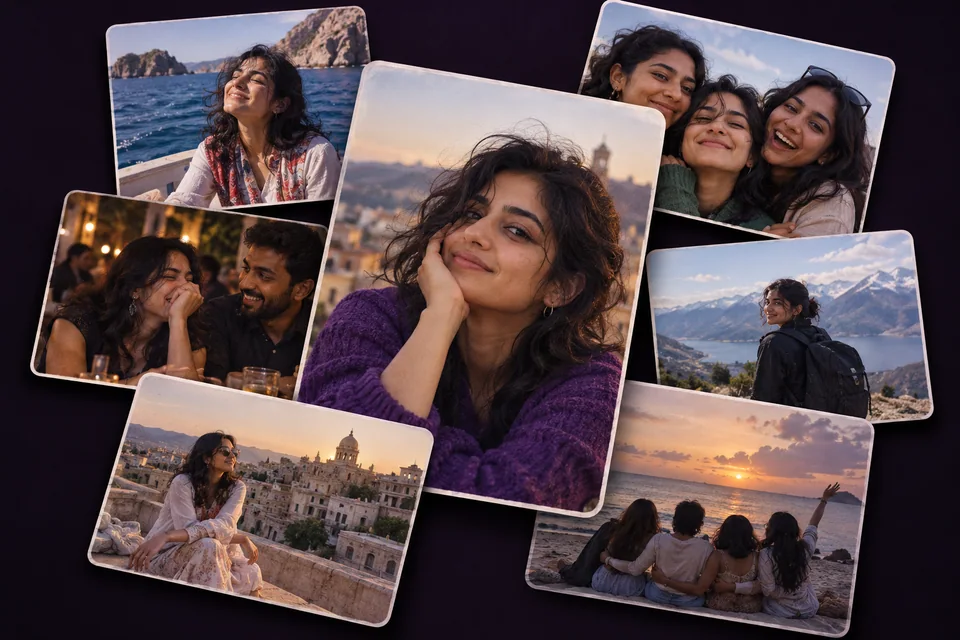 Concept illustration of fictional friends’ travel and celebration photos grouped around one person.
