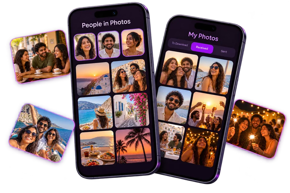 Concept illustration of two Viola-style phones showing People in Photos and My Photos, surrounded by fictional friends’ snapshots.